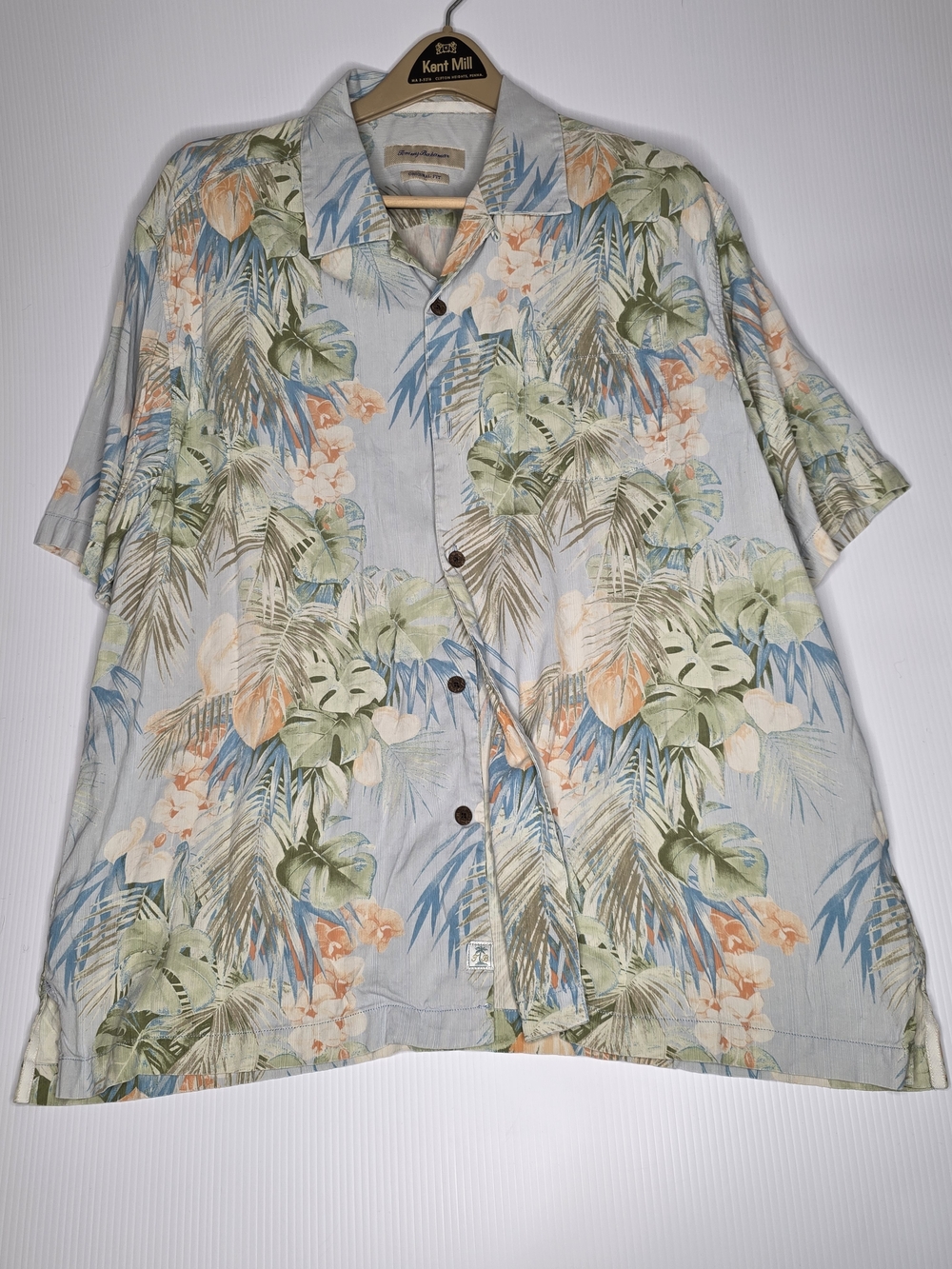 Tommy Bahama 100% Silk Tropical Floral Hawaiian Shirt Blue Beige Monstera XL